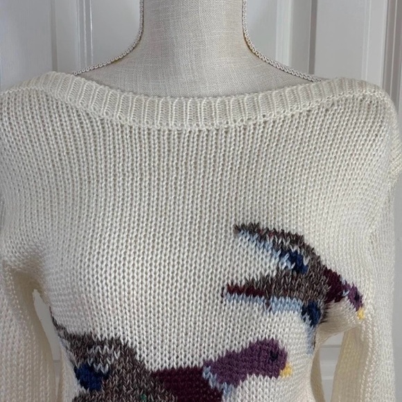 VTG 80s Women's Mallard Duck Boat Neck Sweater Cable Knit Sz M Ivory Pullover - Picture 2 of 10